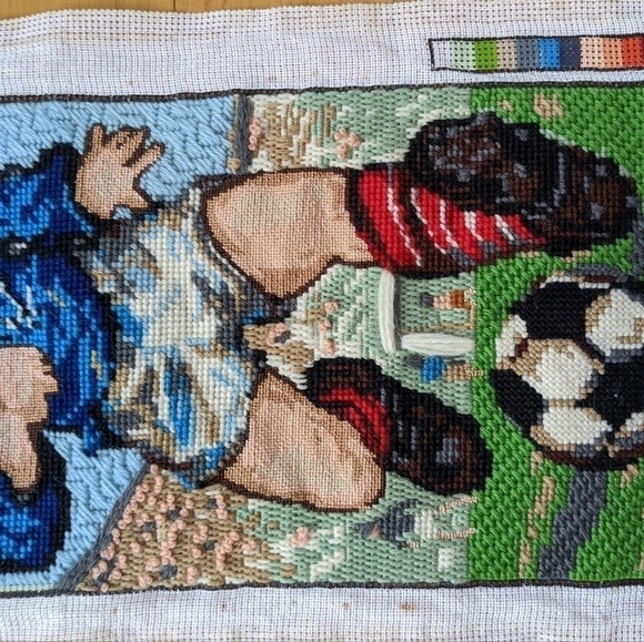 VINTAGE Big Eye Boy Needlepoint Soccer Player Completed embroidery Retro @K - Picture 5 of 8